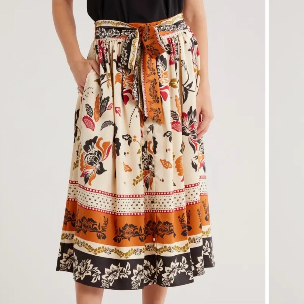 Adrianna Papell Cream Floral Midi Skirt with Rust and Black Trim
